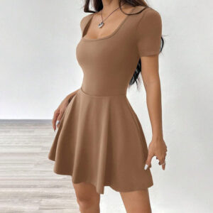 Women's Square Neck Short Sleeve Ruffle Hem A Line Flare Mini Basic Dress