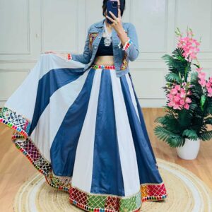 Cotton KHELAYYA 1 Navratri Chaniya Choli | Khisdi Embroidery Lehenga + Gamthi Work Denim Jacket (Koti)