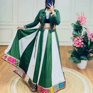 Cotton KHELAYYA 1 Navratri Chaniya Choli | Khisdi Embroidery Lehenga + Gamthi Work Denim Jacket (Koti)