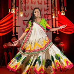 Heavy Muslin Cotton Navratri Chaniya Choli | Digital Print & Real Mirror Work | Stitched Lehenga + Unstitched Blouse