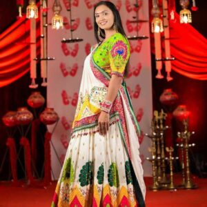 Heavy Muslin Cotton Navratri Chaniya Choli | Digital Print & Real Mirror Work | Stitched Lehenga + Unstitched Blouse