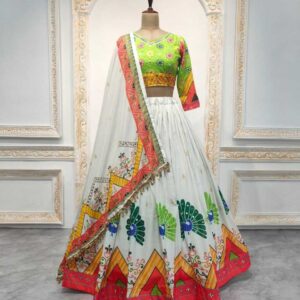 Heavy Muslin Cotton Navratri Chaniya Choli | Digital Print & Real Mirror Work | Stitched Lehenga + Unstitched Blouse