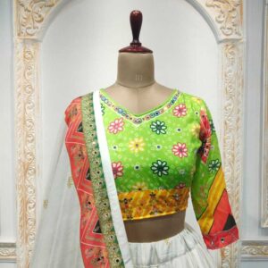 Heavy Muslin Cotton Navratri Chaniya Choli | Digital Print & Real Mirror Work | Stitched Lehenga + Unstitched Blouse
