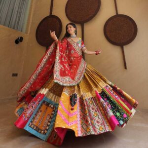 Muslin Cotton Navratri Chaniya Choli | Real Mirror, Gota Zari & Kodi Lace Work | Stitched Lehenga + Unstitched Blouse