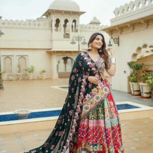 Muslin Cotton Navratri Chaniya Choli | Real Mirror Work & Digital Print | Stitched Lehenga + Unstitched Blouse