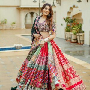 Muslin Cotton Navratri Chaniya Choli | Real Mirror Work & Digital Print | Stitched Lehenga + Unstitched Blouse