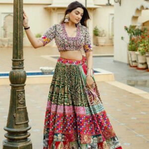 Muslin Cotton Navratri Chaniya Choli | Real Mirror Work & Digital Print | Stitched Lehenga + Unstitched Blouse
